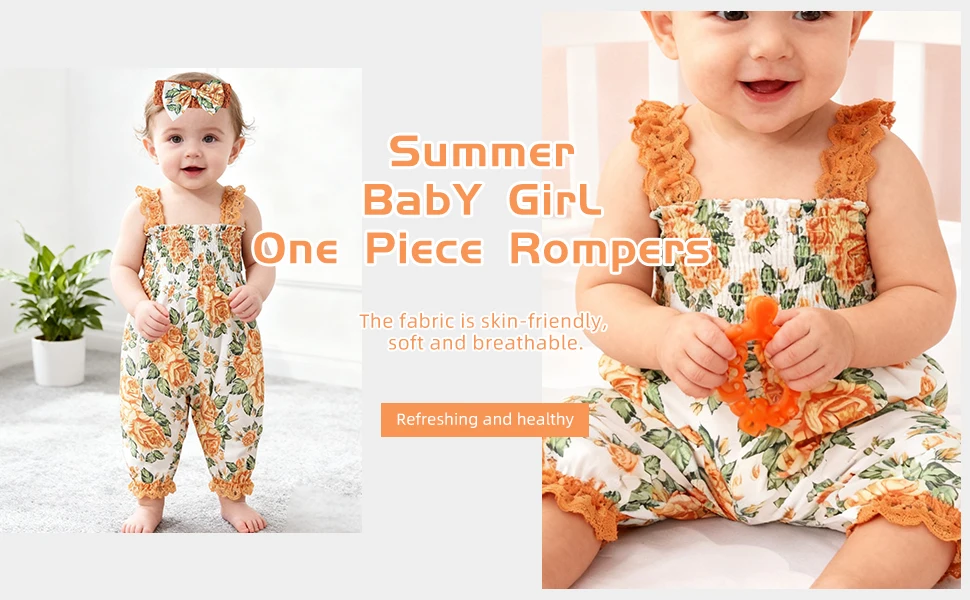 Baby-Mädchen-Strampler mit Blumenmuster, Overall, Jumpsuit mit Rüschenbesatz und Stirnband, Sommerkleidung für Neugeborene, weißes Rosenmuster. – Detail 3