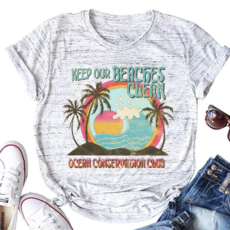 Retro Beach Shirts Women Coconut Tree Clothing Summer Graphic Tee Holiday Shirt Women Ocean Sunrise Goth Clothes