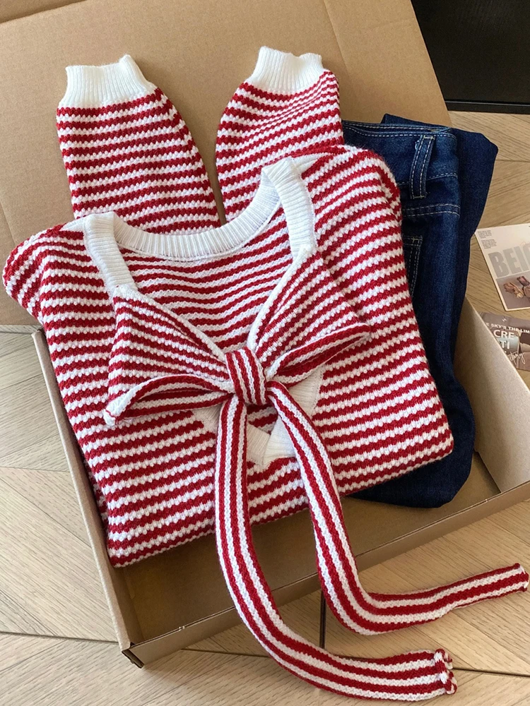 

Sweet And Spicy Bal Knot Striped Knitwear Women's Faionable Sweater Autumn Winter New Sle Self-Purchase