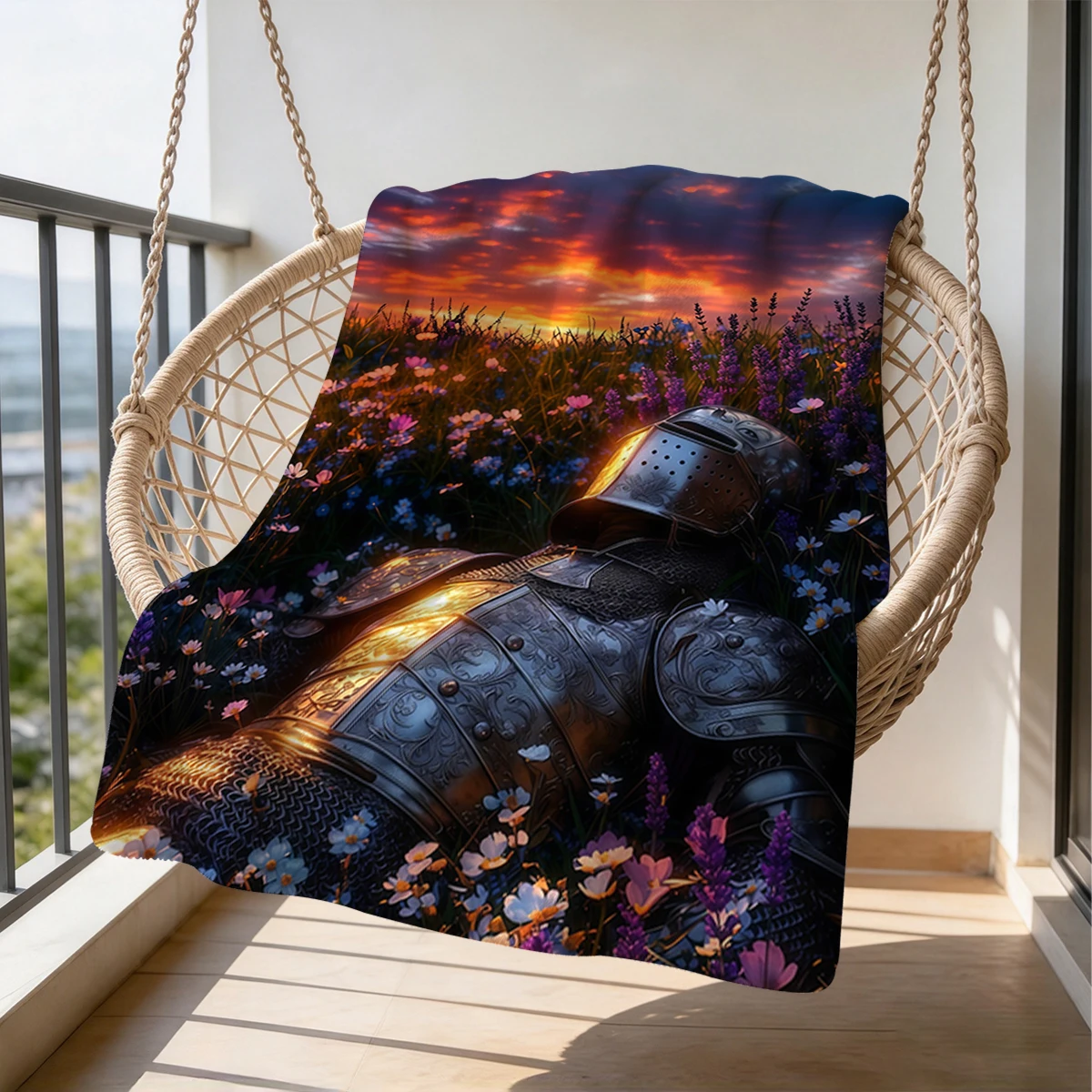 Knight Among Wildflowers Flannel Blanket Warm Soft Halloween Christmas Couch Warm Cozy Decorative Decor Gift for All Season