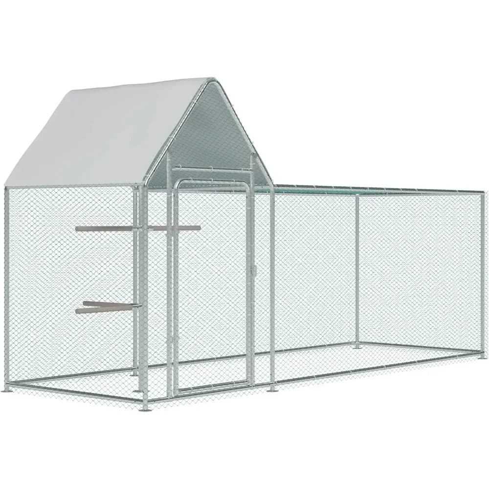 

large metal chicken coop run, outdoor walk-in poultry cage with spire roof, for hen house, duck coop and rabbit run, silver (9.8