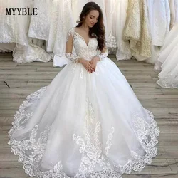 Customized  Plus Size Wedding Dresses V Neck Long Sleeves Tulle Lace Applique Wedding Dresses Lace Up Back Vestido De Noiva