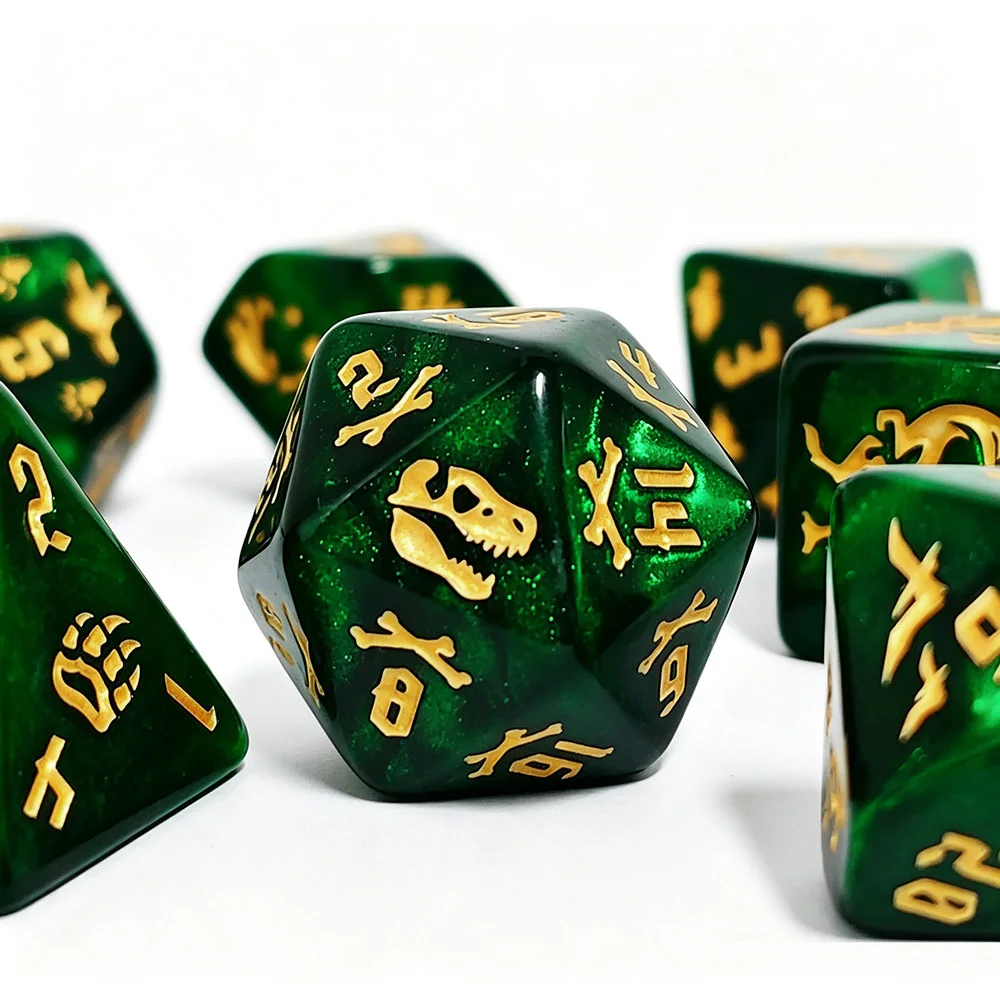 7Pcs Green Dinosaur Polyhedral Dice Set with Gold Skeleton & Footprint Symbols, DND RPG Tabletop Dice DND and TTRPG Games