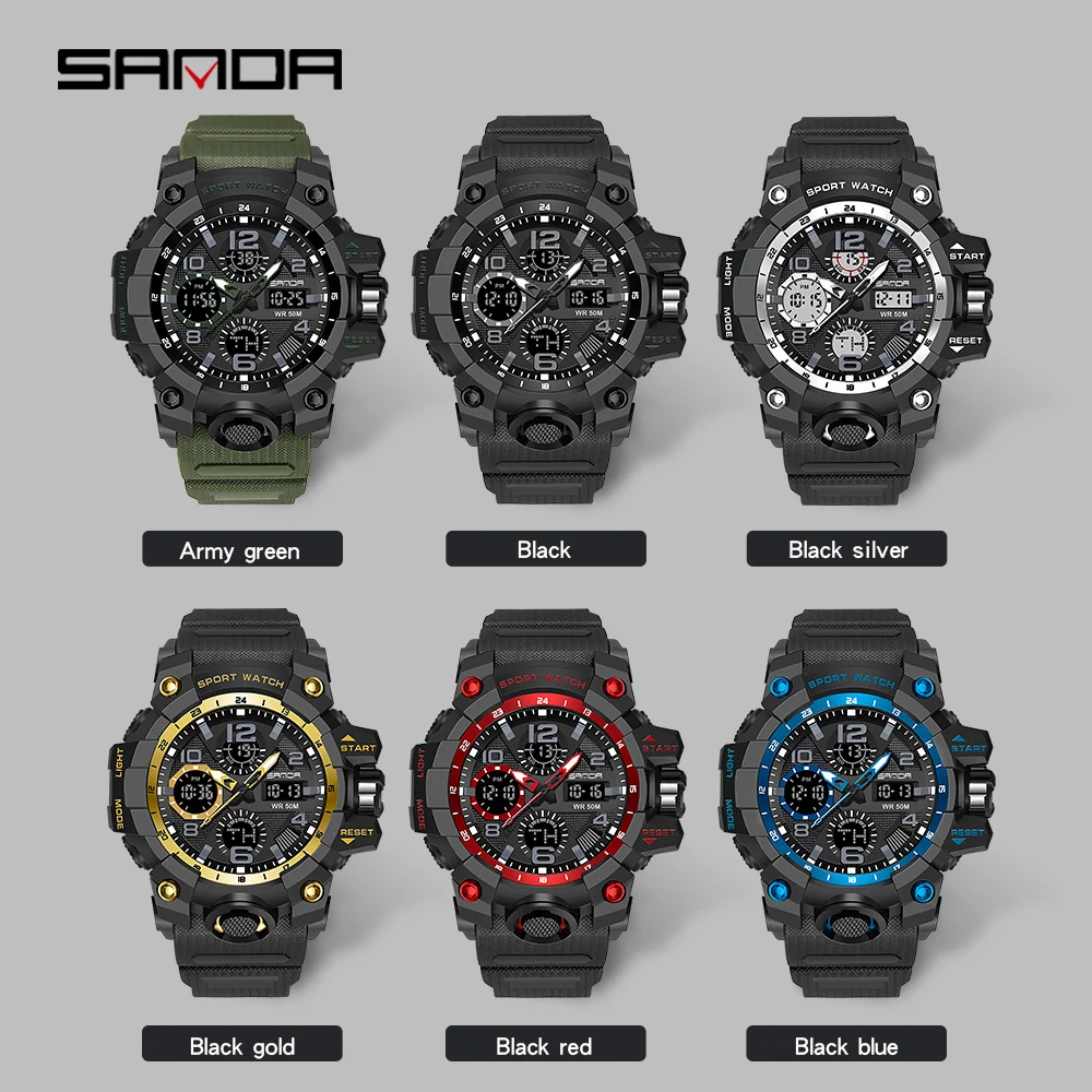 SANDA 6021 Sport Watch for Men Waterproof LED Dual Display Quartz Wristwatch Mens Digital Clock Military Stopwatch Reloj Hombre
