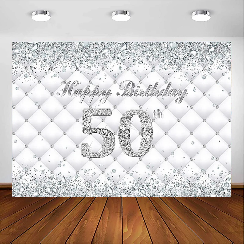 

Sliver Glitter Photography Backdrop Fifty 50th White Birthday Photo Booth Background Poster Photoshoot Props Heardboard Banner