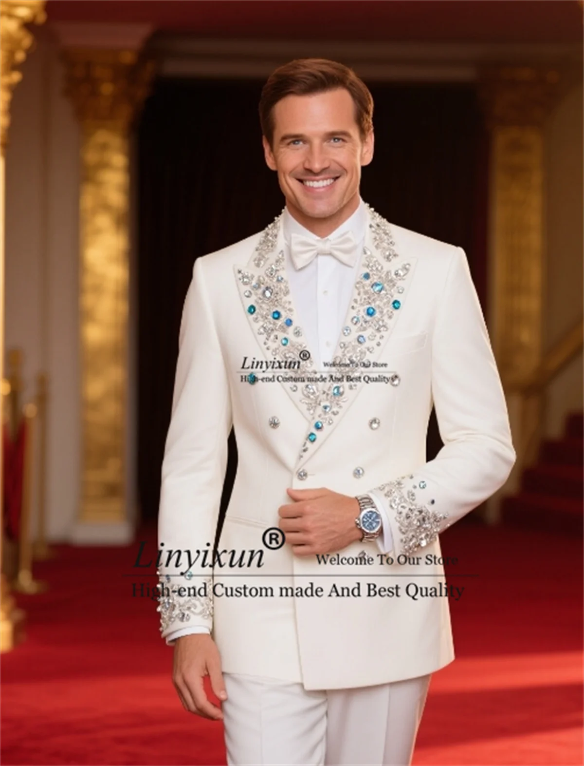 

Double Breasted Men Suit Slim Fit 2 Pieces Sets Groom Wedding Blazers Customized Costume Homme High End Crystals Beaded Tuxedos