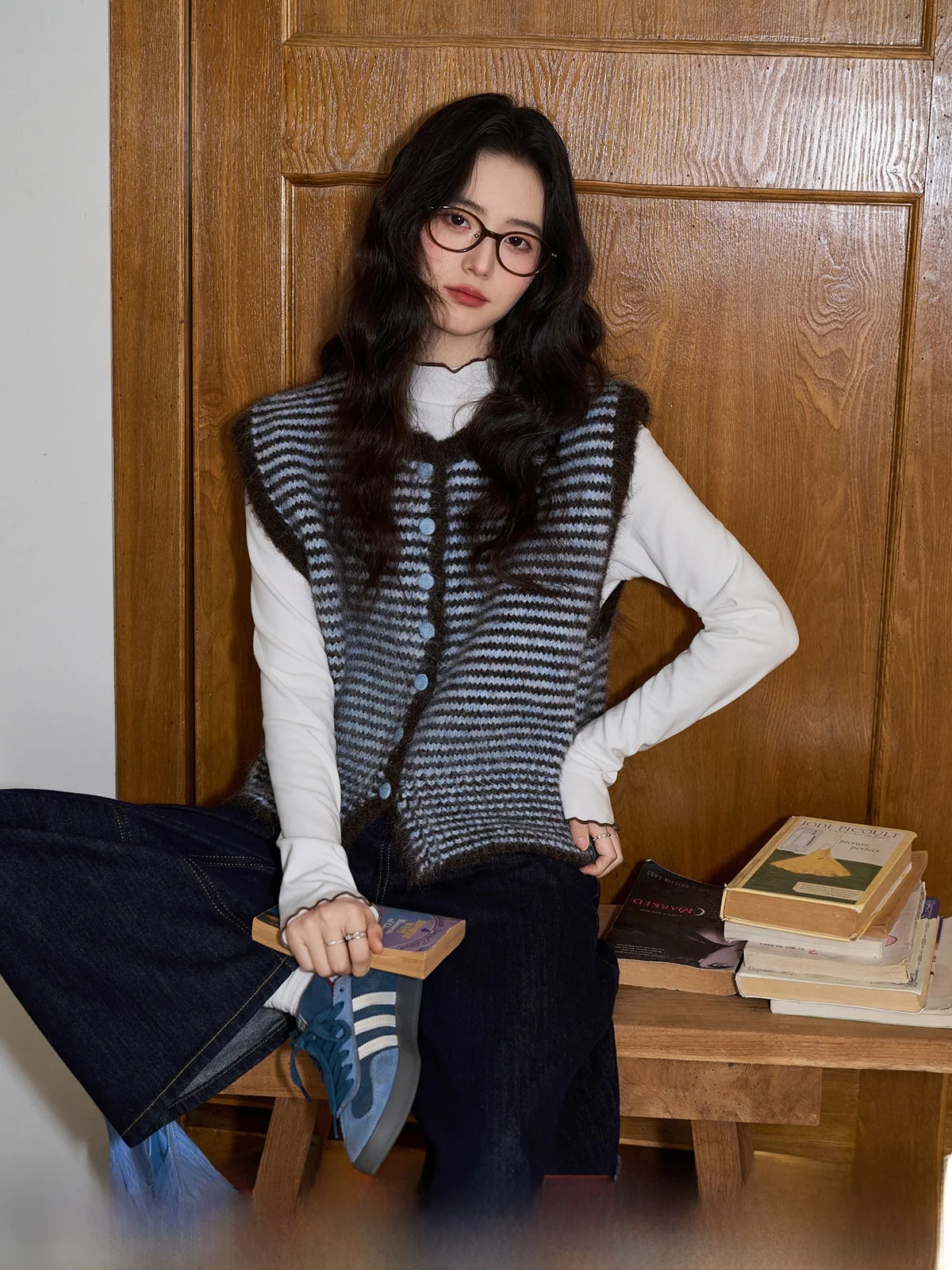 

Blue ort Knitted Vest Women's Outerwear Spring 2026 Loose Warm Striped Layering Top Polyester Nylon Wool Blend round Ne