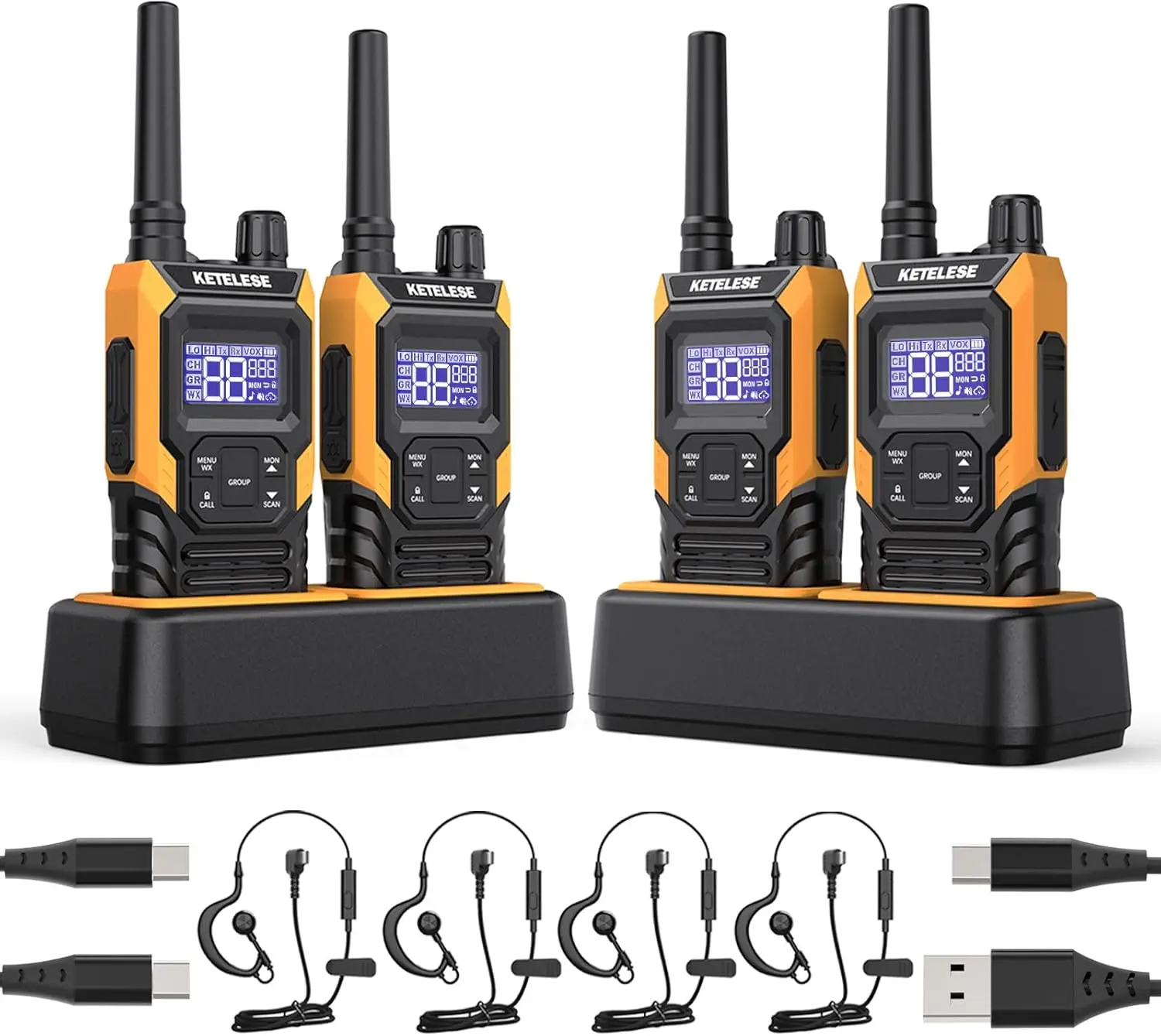 

Long Range Walkie Talkies 4 Pack, IP67 Waterproof Two Way Radios with Earpiece, NOAA Weather Alert, VOX, Group Call, Orange