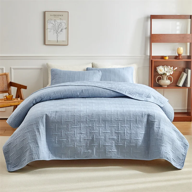 Blue Quilted Bedspread Set Wheat Stripe Pattern Washed Cotton Thick Bed Cover+Pillowcase Solid Plain Super King 264*230cm 3pcs