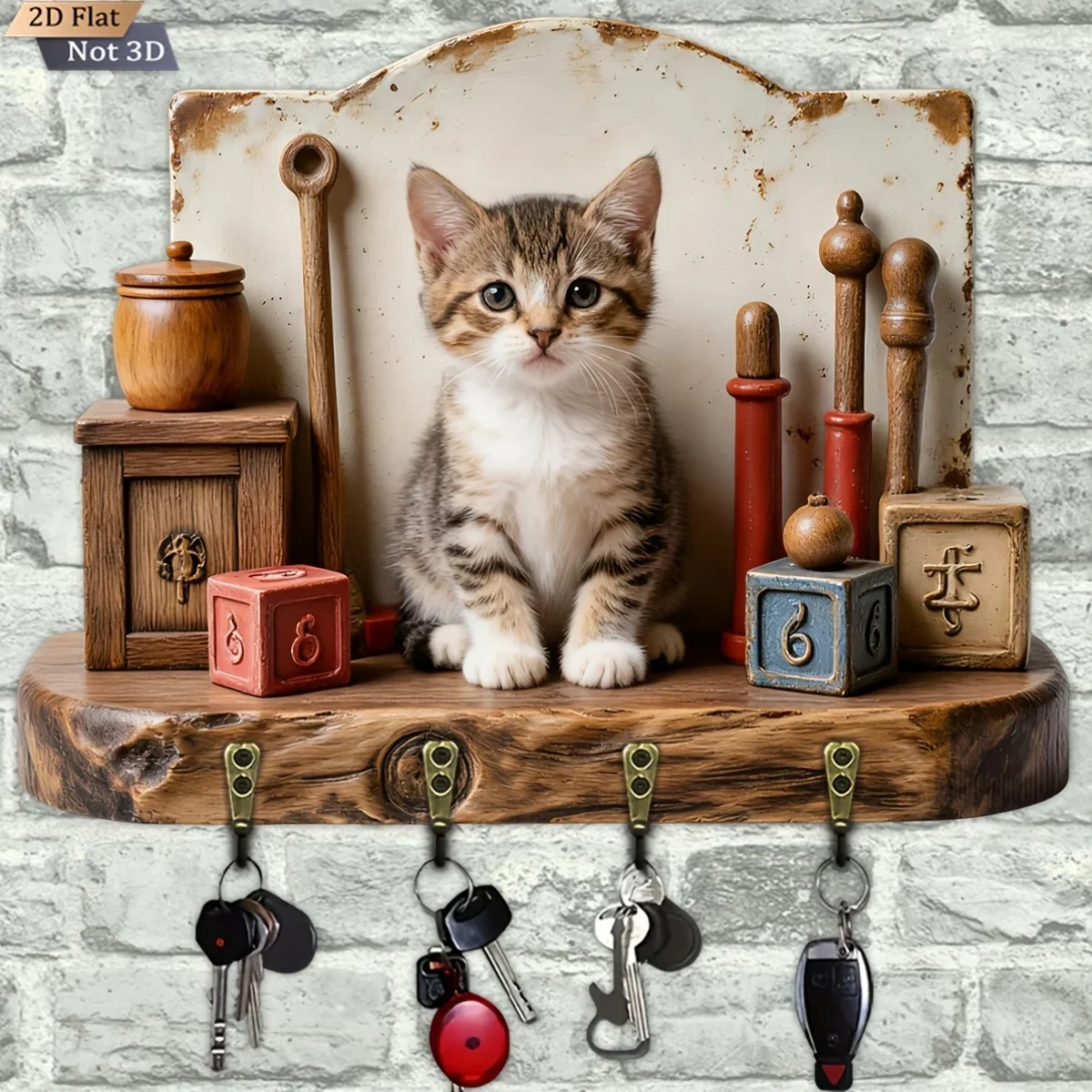 2D Flat, 1pc, Vintage Wooden Key Hook, Multifunctional Wooden Key Holder for Home Use, with Four Metal Hooks, Suitable for Wall