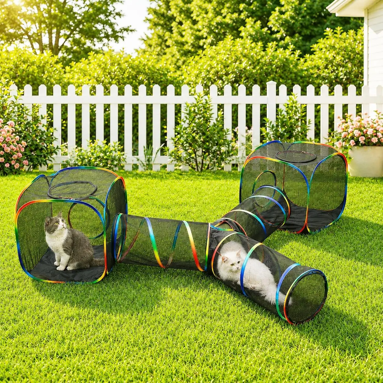 Rainbow Outdoor Cat Enclosures, 3-Way Layout Including 2 Cube Tunnel