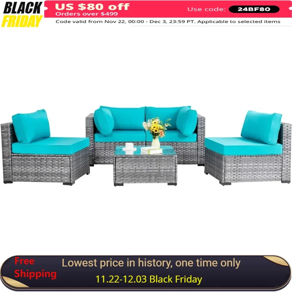 

Outdoor Sofa Set of 5 with Washable Cushions & Glass Coffee Table, 5 Pieces Outdoor Patio Sectional Sofa Couch