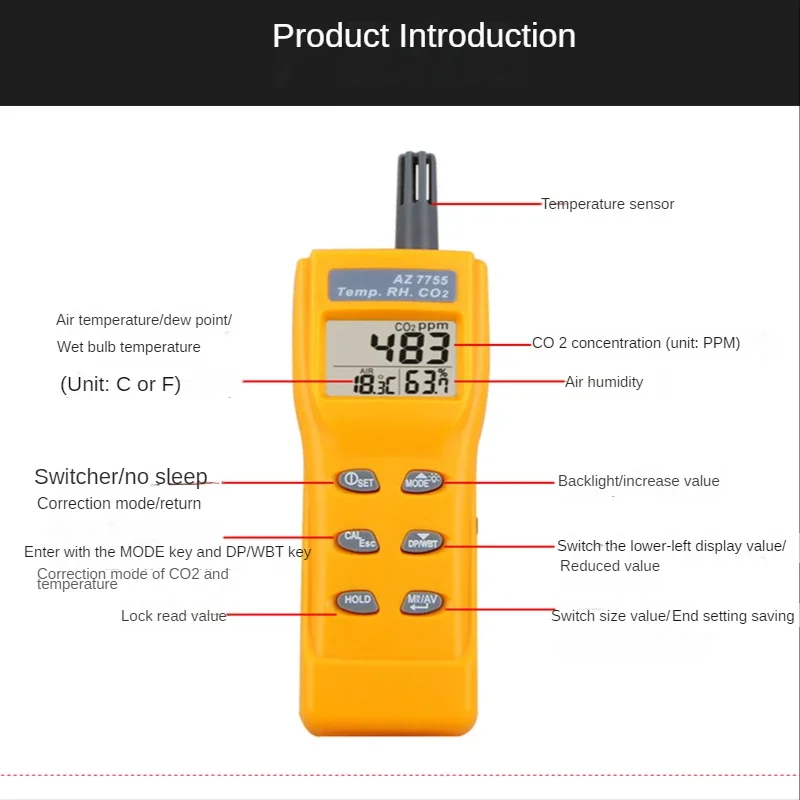 AZ-7755 CO2 detector humidity dew point temperature detection RH Temp CO2 tester AZ7755