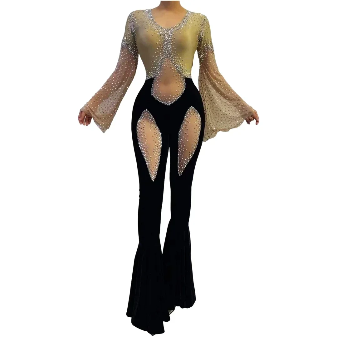 

Ballroom Pagoda Sleeve Dance Costume Rhinestone Jumpsuits For Women Jazz Salsa Las Vegas Cheerleading Mardi Gras Queen Outfits