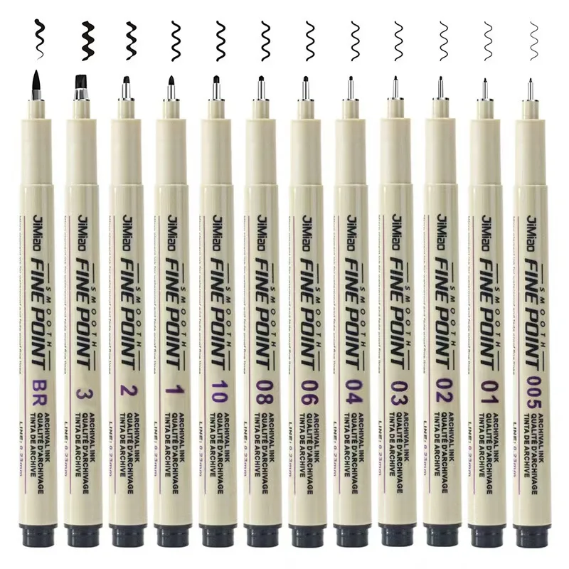 Pintados à mão Pigment Liner Pen Set, Manga Marcadores, Agulha Pen, Art Brush, Gancho, Linha Canetas, Esboço Fineliner, Desenho Papelaria, 12Pcs