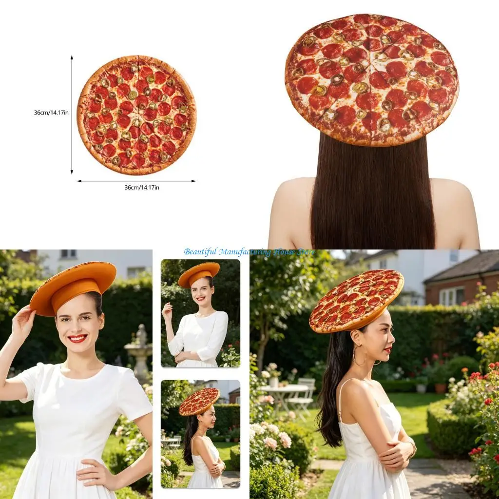 E56A Round Pizza Print Hat for Party Outfit and Costume Styling, Theme Headwear with Layered Form for Halloween Photo Booth Use