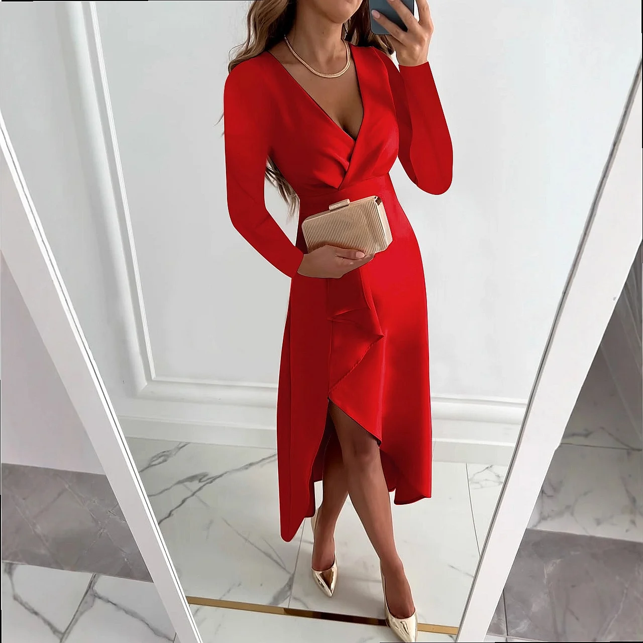 Long Sleeve V Neck Smocked Hem Split Dresses Women Summer Spring Floral Tiered Maxi Dress
