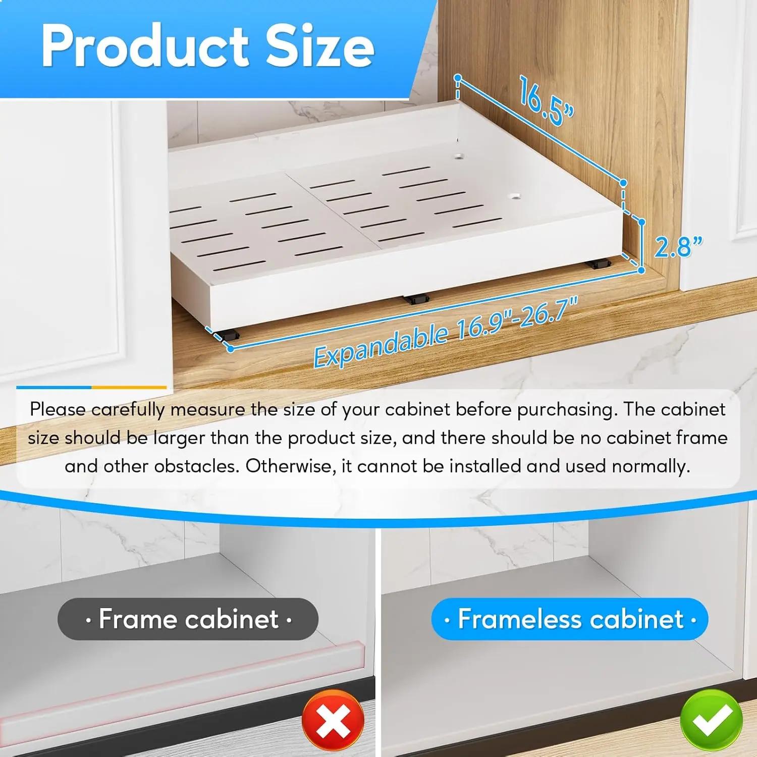 

Expandable Pull Out Cabinet Organizer Adhesive（16.9""-26.7"" W，16.5"" D） No Drill Adjustable Cabinet Drawers,Slide Out Cabinet