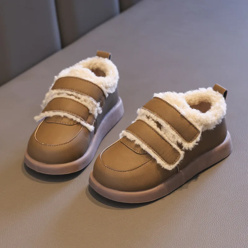 Children Cotton Shoes Solid Color Thick Soled Kids Causal Shoes Fashion 2023 Winter Warmth PU Leather Girl Plush Shoes Hook Loop