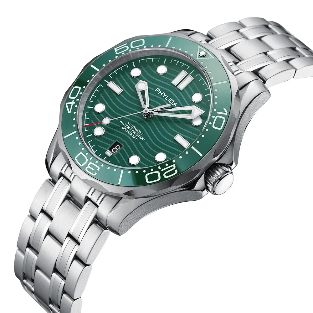 PHYLIDA-reloj automático con esfera verde, pulsera sólida de cristal de zafiro, 200M, WR 20Bar, PT5000, MIYOTA, nuevo