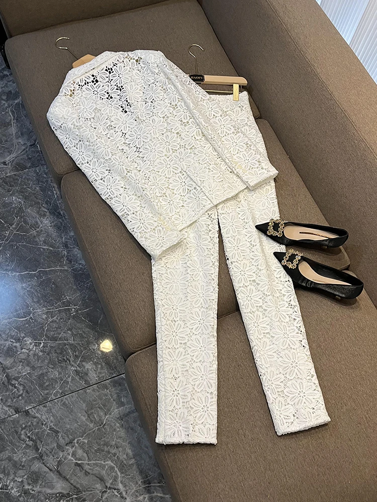 Lady Delicacy White Fine Workmanship Lace Office Suit Single Button Blazer Pencil Pants Women Solid 2pcs