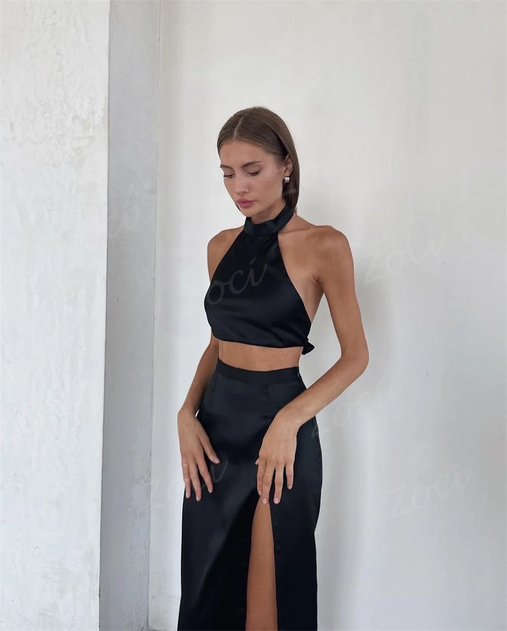 Zoci 2 w 1 Czarne sukienki na studniówkę 2025 Spersonalizowana satynowa długa suknia wieczorowa z wysokim rozcięciem Seksowna sukienka na imprezę bez ramiączek