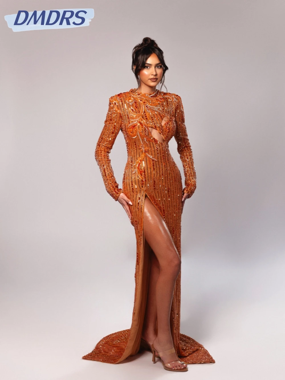 

Оранжевое роскошное вечернее платье с кристаллами и бисером, изящное свадебное платье с высоким воротником и длинными рукавами, новые платья для выпускного вечера по индивидуальному заказу