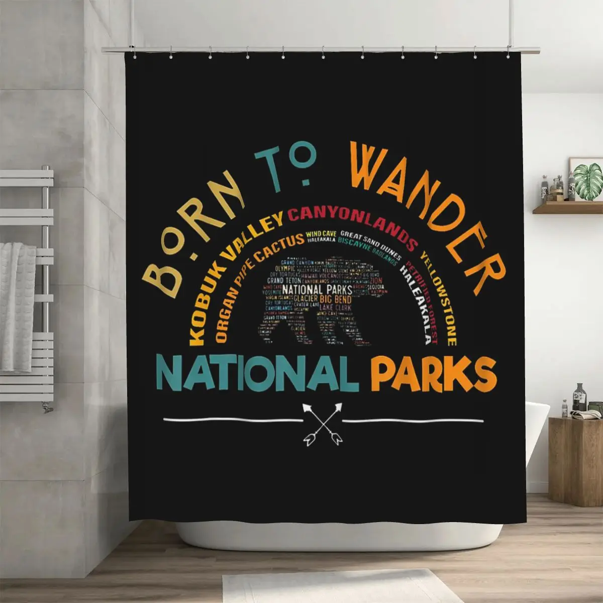 

Занавеска для душа с изображением национальных парков США - Медведь - «Рожденный для странствий» - Водонепроницаемая полиэстеровая занавеска для ванной комнаты с крючками