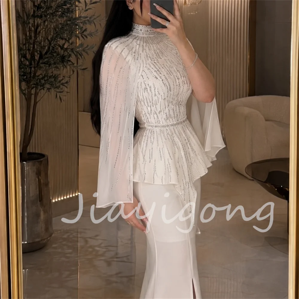 Customized Formal Chiffon Pleat Sequined Pattern Trumpet High Collar Long Bespoke Occasion Prom Dresses