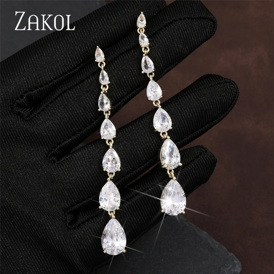 ZAKOL Luxury Water Drop Cubic Zirconia Long Dangle Earrings for Women Wedding Party Jewelry EP1086