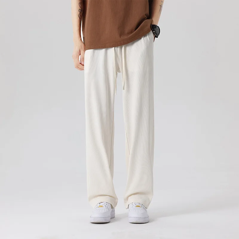 2025 جديد الحرير الجليد سراويل تقليدية الرجال ربيع الخريف نمط جديد قلادة الطابق بنطلون الذكور مستقيم أنبوب فضفاض واسعة الساق بنطلون