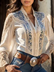 Elegant Women Tops Western Print Stand Collar Slim Waist Shirt Patchwork Hollow Out Fringed Flare Sleeve Design Vintage Blouse