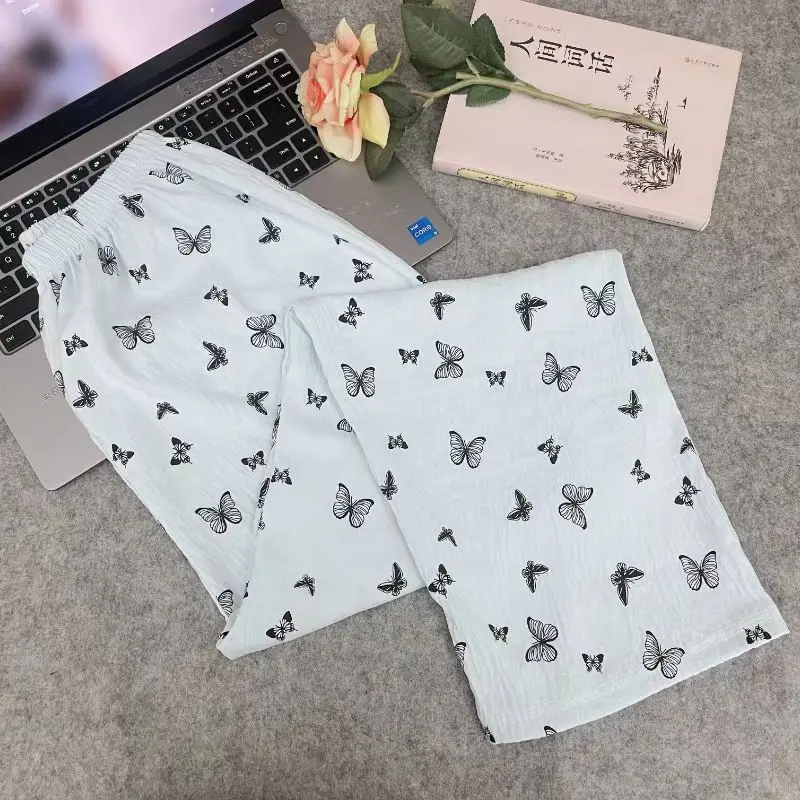 Summer Ladies Female Stripe Loose Pants Draping Wide Floor Length Pants Trousers Bottoms Casual Women Lightweight  Comfort Pants
