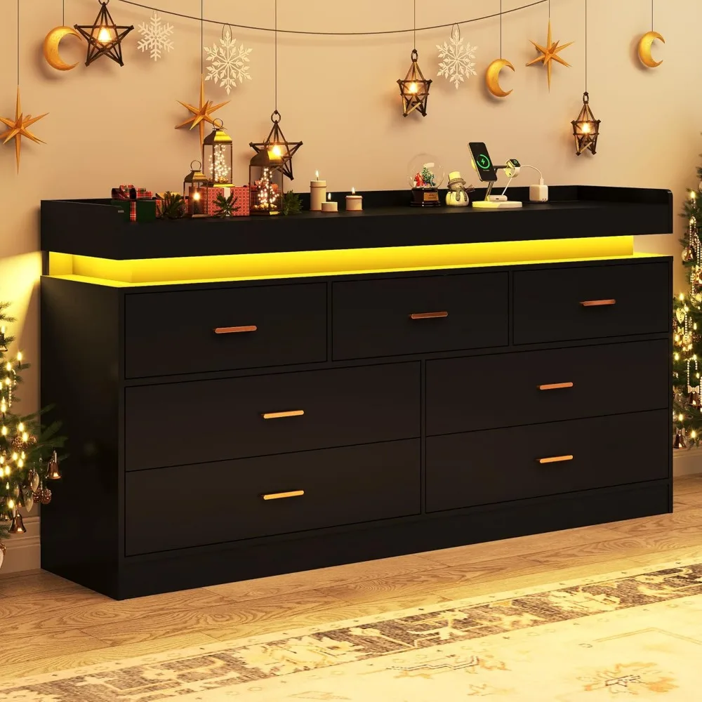 Dresser with Charging Station and LED Lights, Modern Chest of Drawers with Power Outlet, Organizer Cabinet for Bedroom,