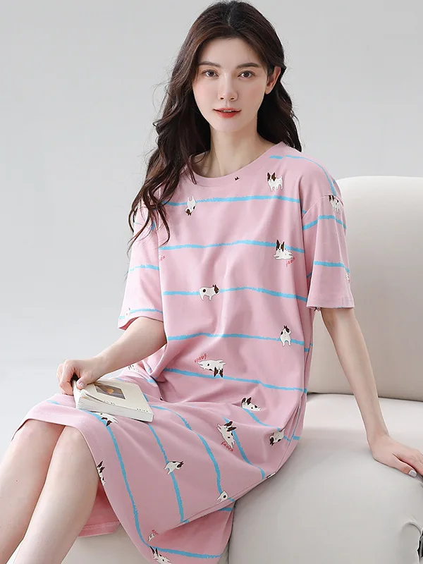 

2025 New Cotton Pajamas Women's Summer Thin ort Sve Pure Cotton Sweet Pregnant Mid-length Skirt Spwear Casual Home