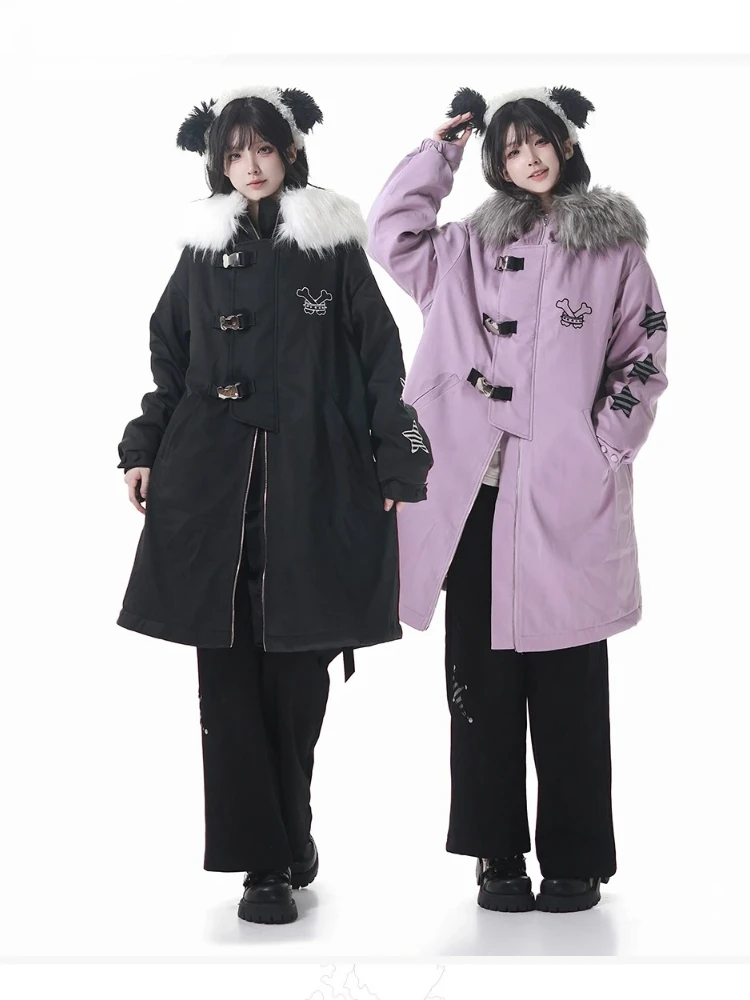 ファッションストリートウェア カレッジスタイル ロングパーカー 星パッチ刺繍 ファーカラー フード付き 厚手 暖かいジャケット レディース 冬用オーバーコート