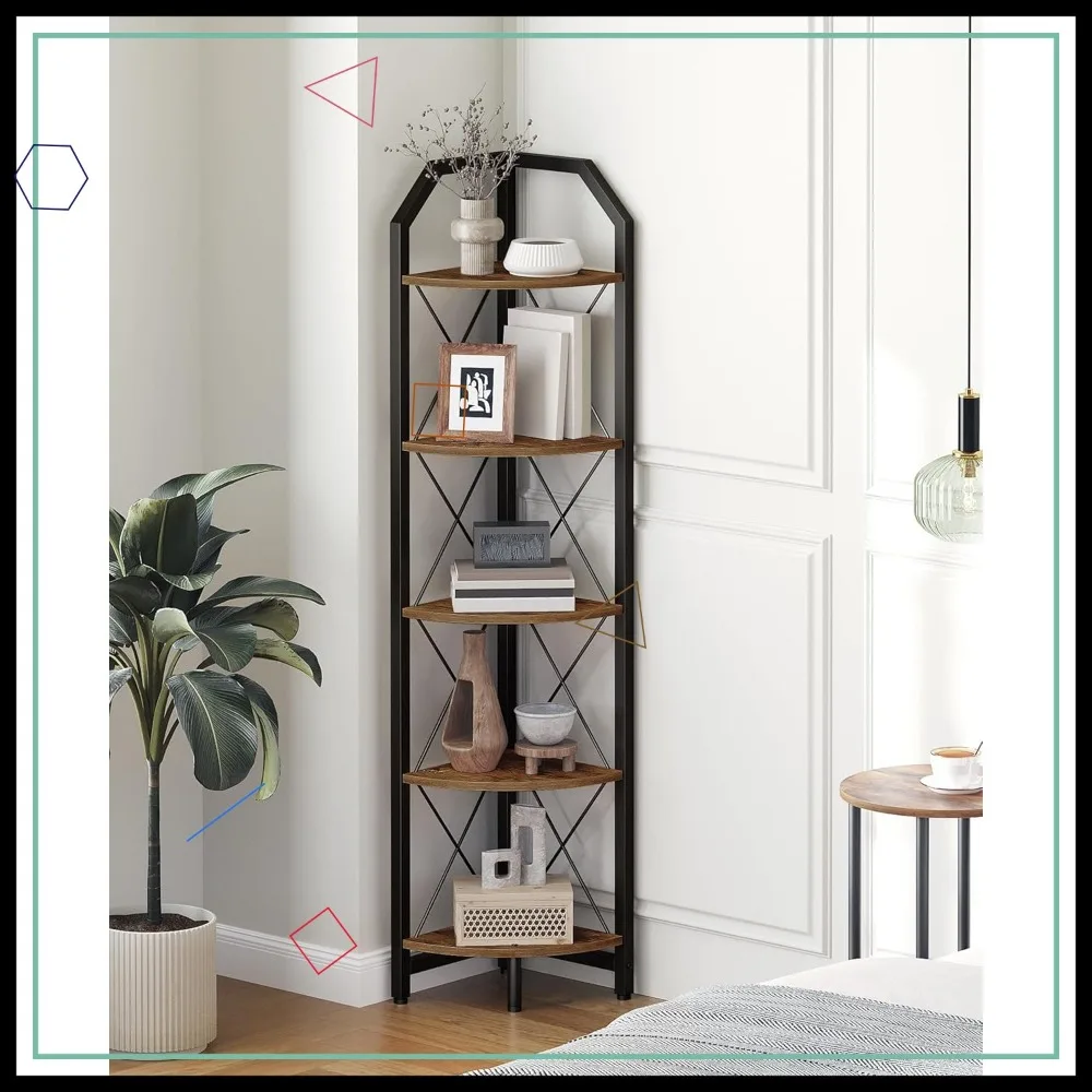 

5-Tier Industrial Corner Shelf, Rustic Brown & Black Storage Stand for Living Room, Bedroom, Home Office