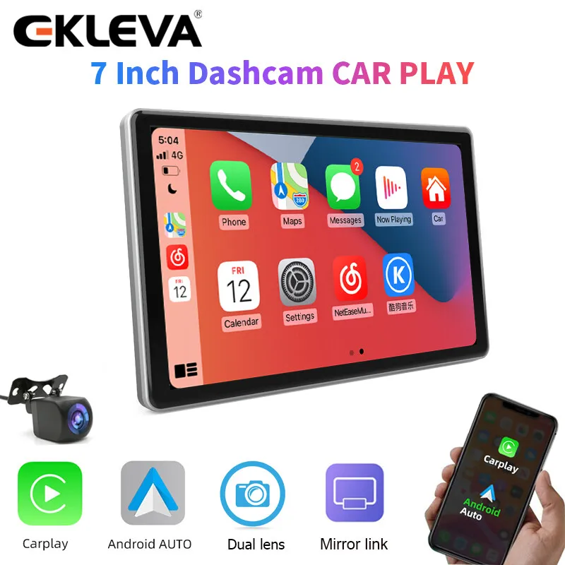 EKLEVA New 7 ‘’ 4K Car DVR Wireless/wired Apple CarPlay Android AUX Dash Cam Bluetooth Rearview Camera Video Recorder Dashboar