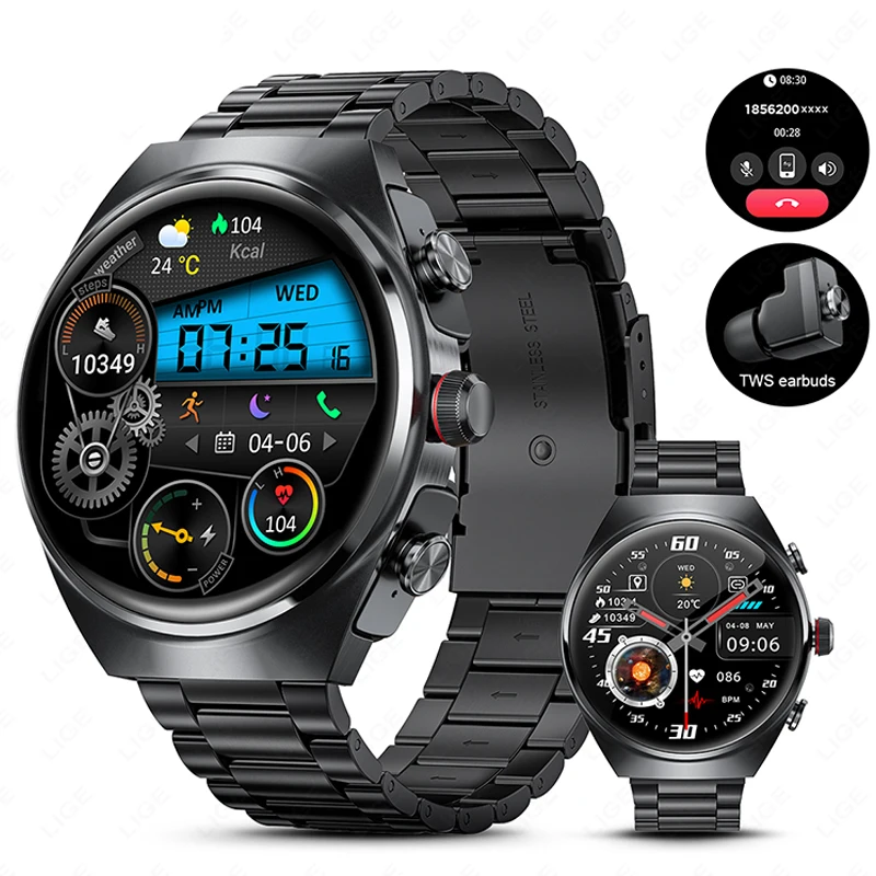 LIGE 2 In 1 TWS Earphones Smart Watch Waterproof Wireless Bluetooth Headset Call Health Blood Pressure Sports Music Smartwatch