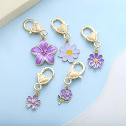 5pcs Fashionable Charm Alloy Enamel Purple Flower Girl Keychain Durable Versatile For Backpacks Car Key Chain