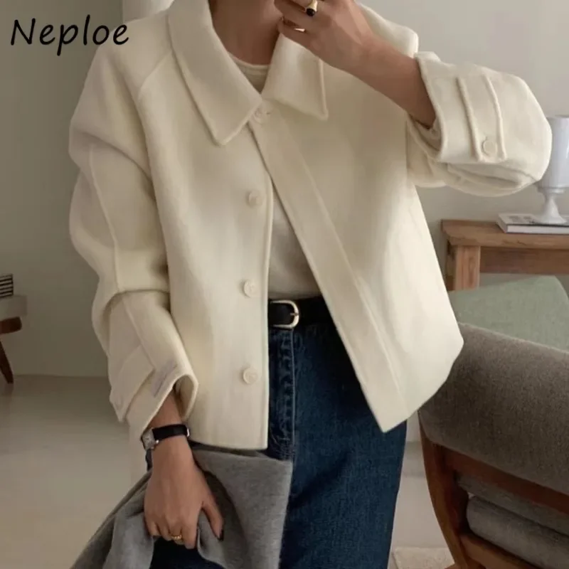 Neploe Korean Gentle Simple Style Thick Woolen Coat Femme 2024 Autumn Winter Loose Lapel Collar Long Sleeve Solid Color Blends