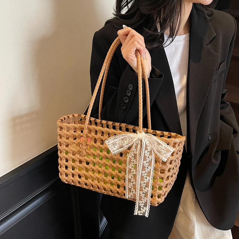 

Summer New Bow and Ribbon Decoration Beach Bag Fashion Beach Travel Storage Basket Women’s Shopping Handbags Sac Jelly Tote Bag