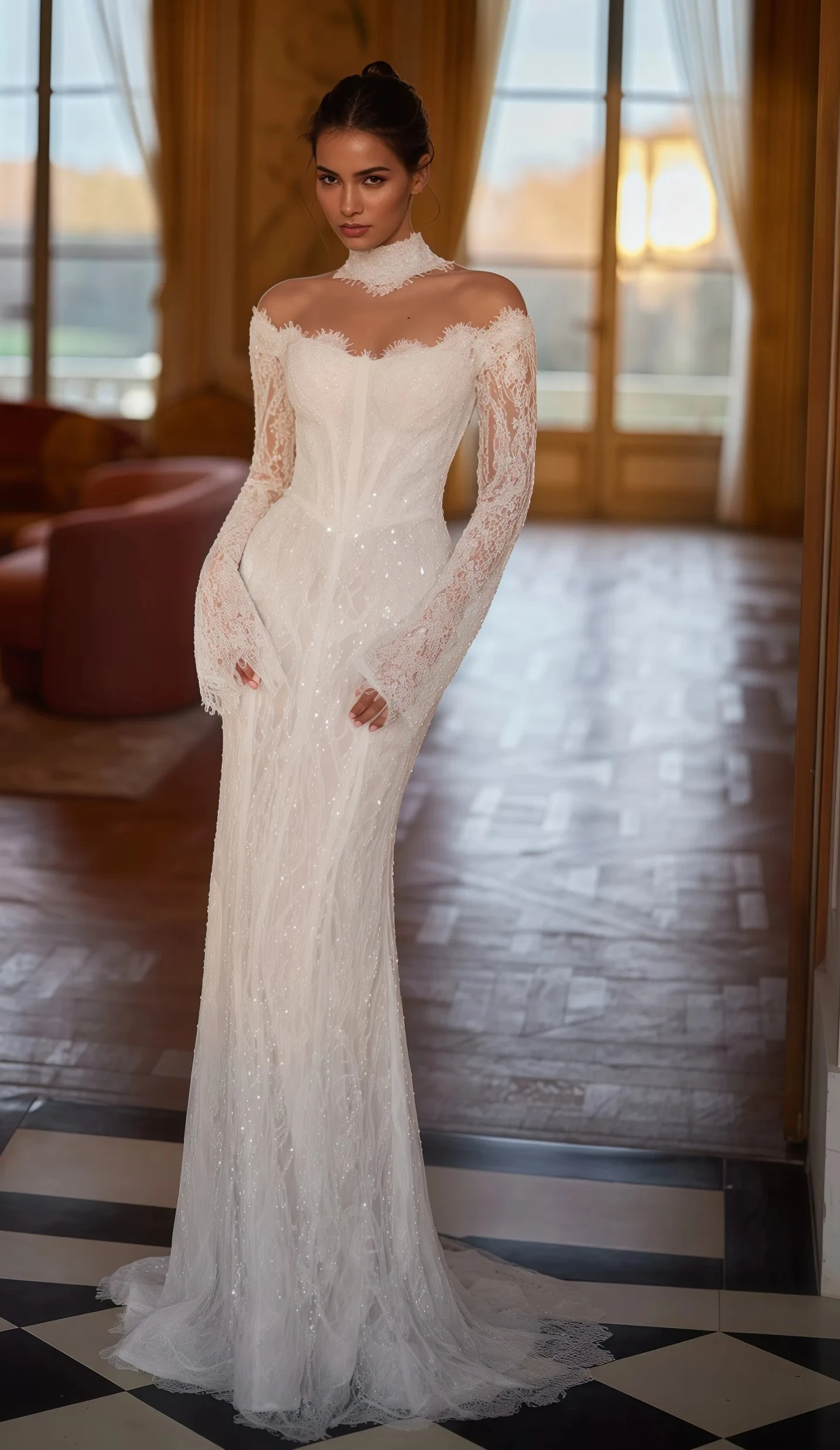 Customized High Mock Neck Off Shoulder Mermaid Gown Full Sleeves Sheer Mesh Back Slim Fitted Silhouette Soft Flared Hem Dress