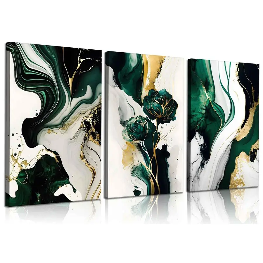 

Изумрудно-зеленый настенный рисунок в рамке, современный зеленый и золотой абстрактный мраморный холст, настенные художественные картины, принты, постеры, настенный декор, картина