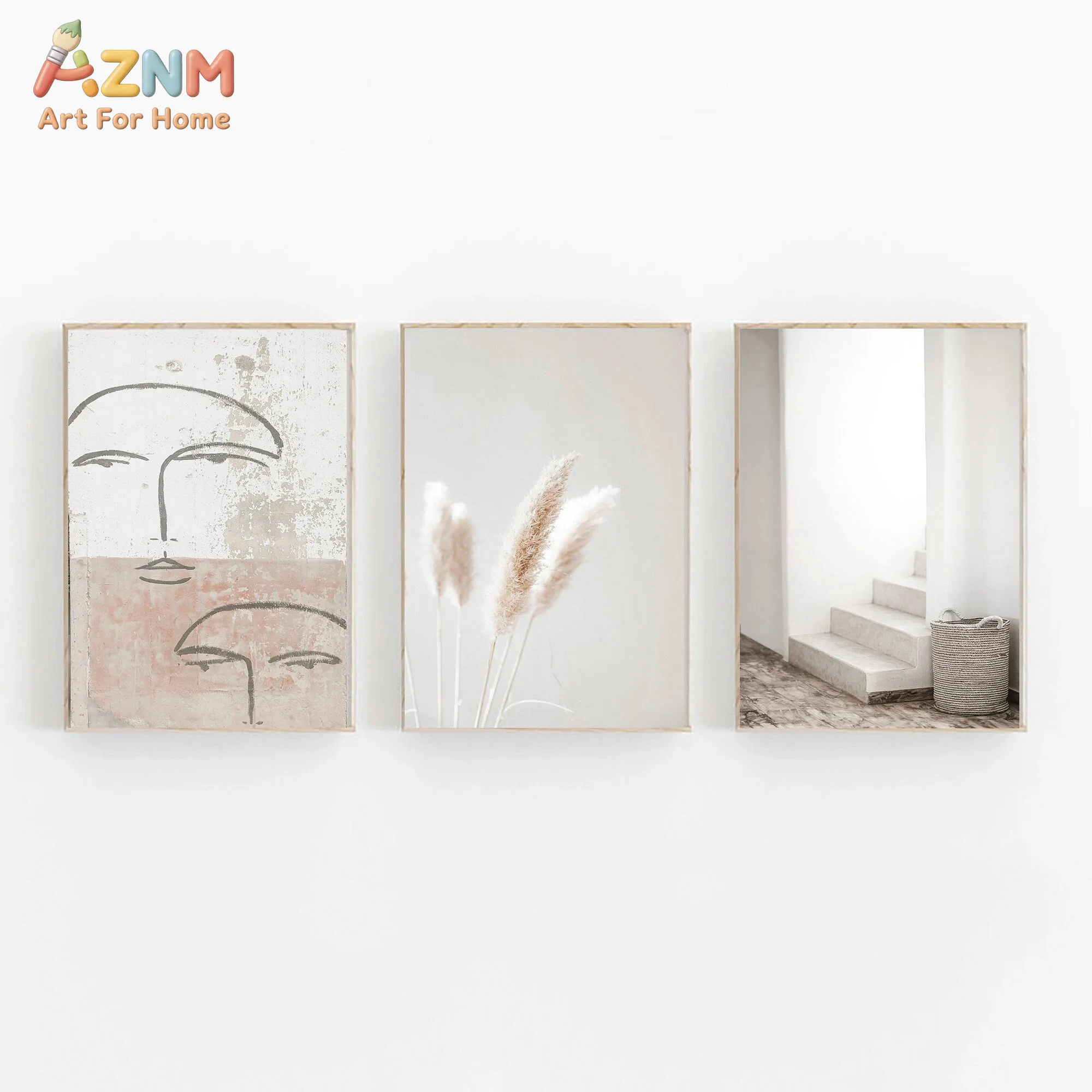 AZNM  Neutral Boho Frameless Canvas Wall Art, Abstract Line Face Pampas Grass Architecture Print Painting, Minimalist Decor