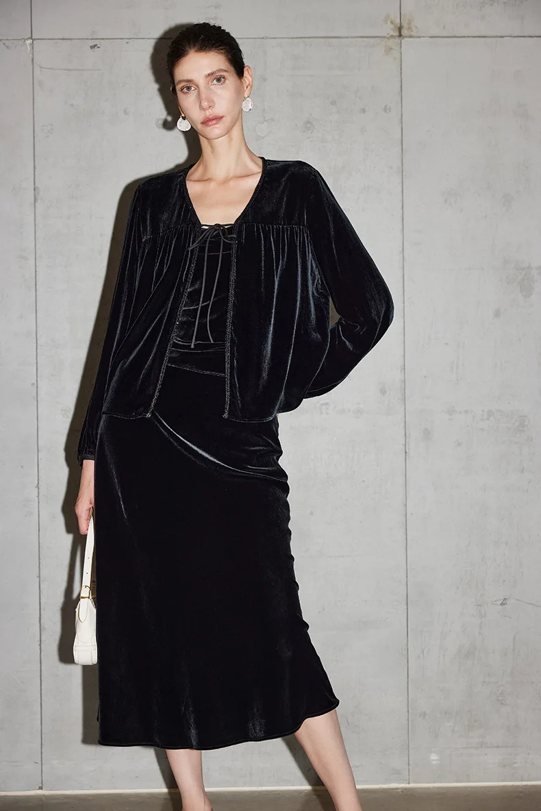 Winsleter-Bottom 100%Real Silk Elegant Velvet Coat, Lantern Sleeve Beading, Women Temperament Commute Coat, 2026 Spring C61837CC