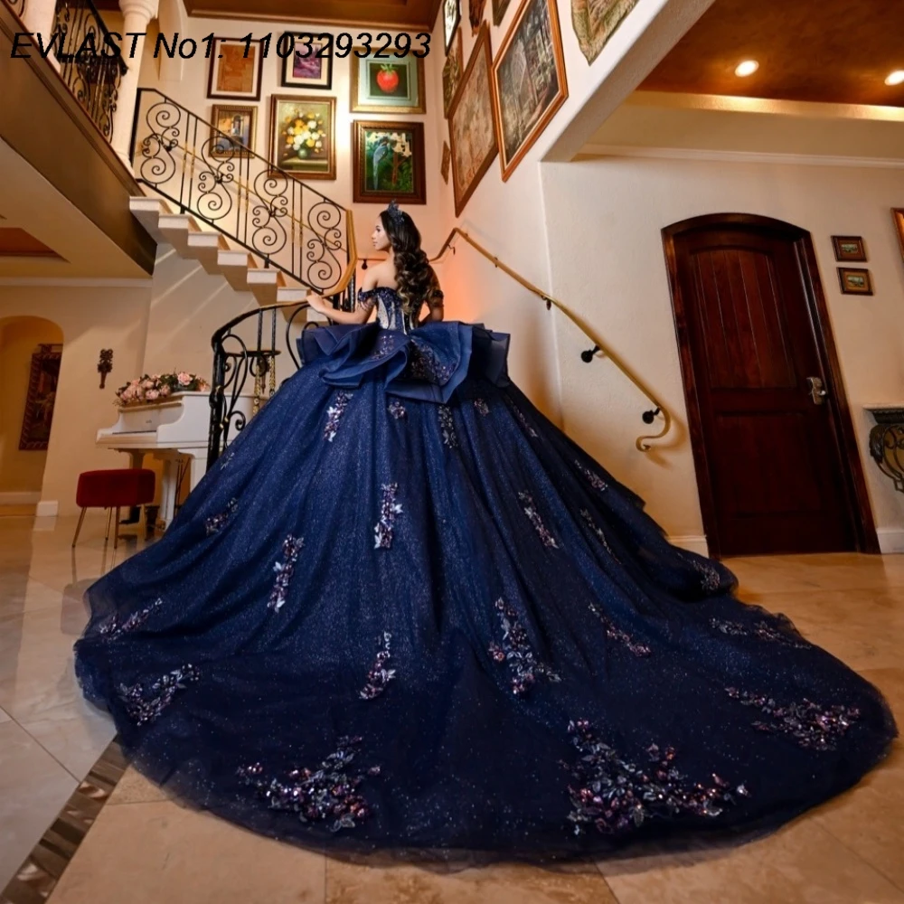 

Индивидуальное мексиканское темно-синее платье EVLAST для Quinceanera, бальное платье с аппликациями, кристаллами и бисером, корсет, для Sweet 16, Vestidos De 15 Anos AQ102