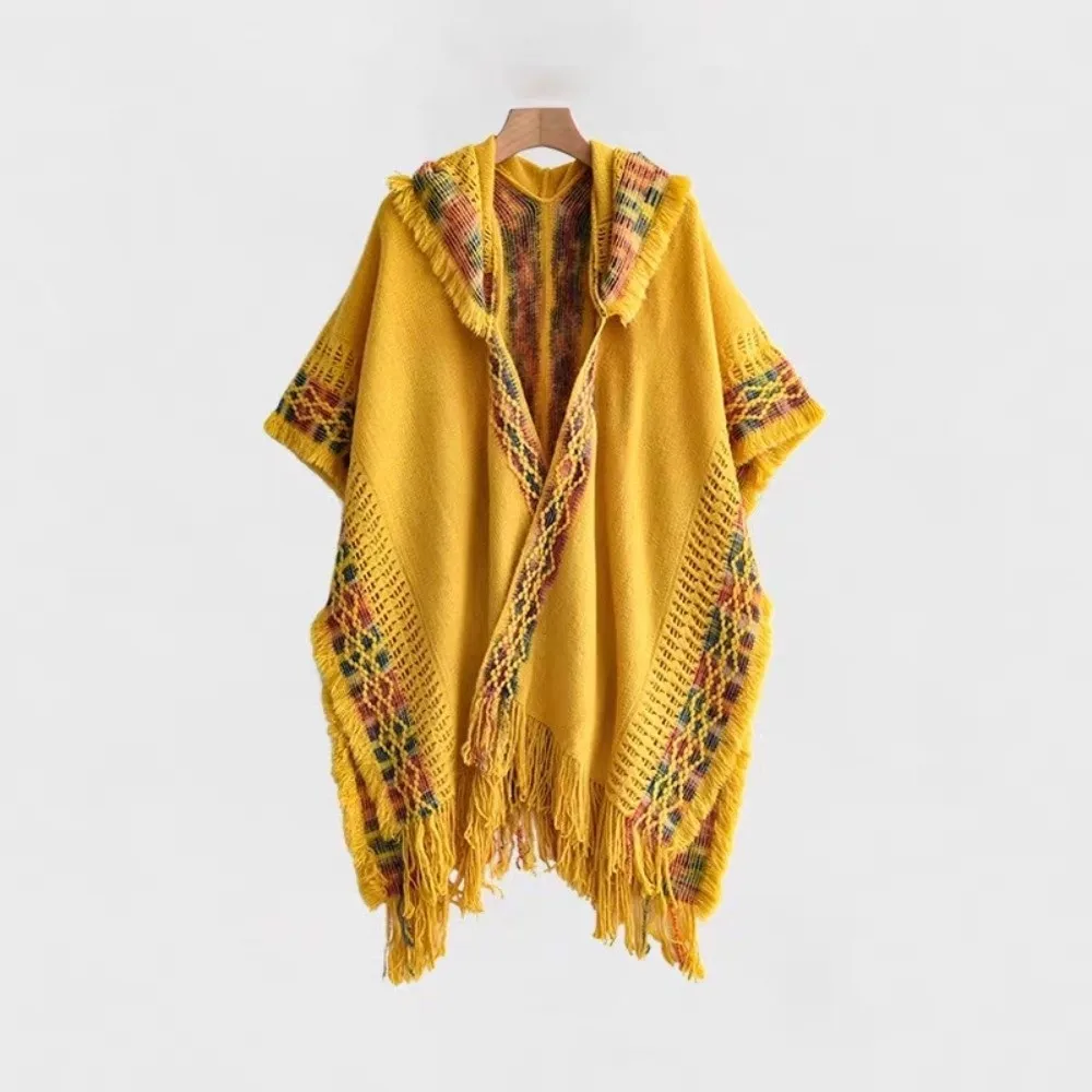 

Модный вязаный пуловер в этническом стиле, шаль, зимняя теплая элегантная полосатая шаль с кисточками, вязаная накидка, женская мода