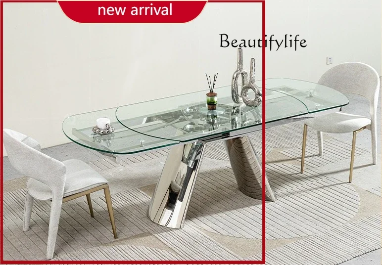 N36 A Rotary Telescopic Dining Table Glass Household Light Luxury High-end Sense Rectangular Dining Table Stainless Steel High-e