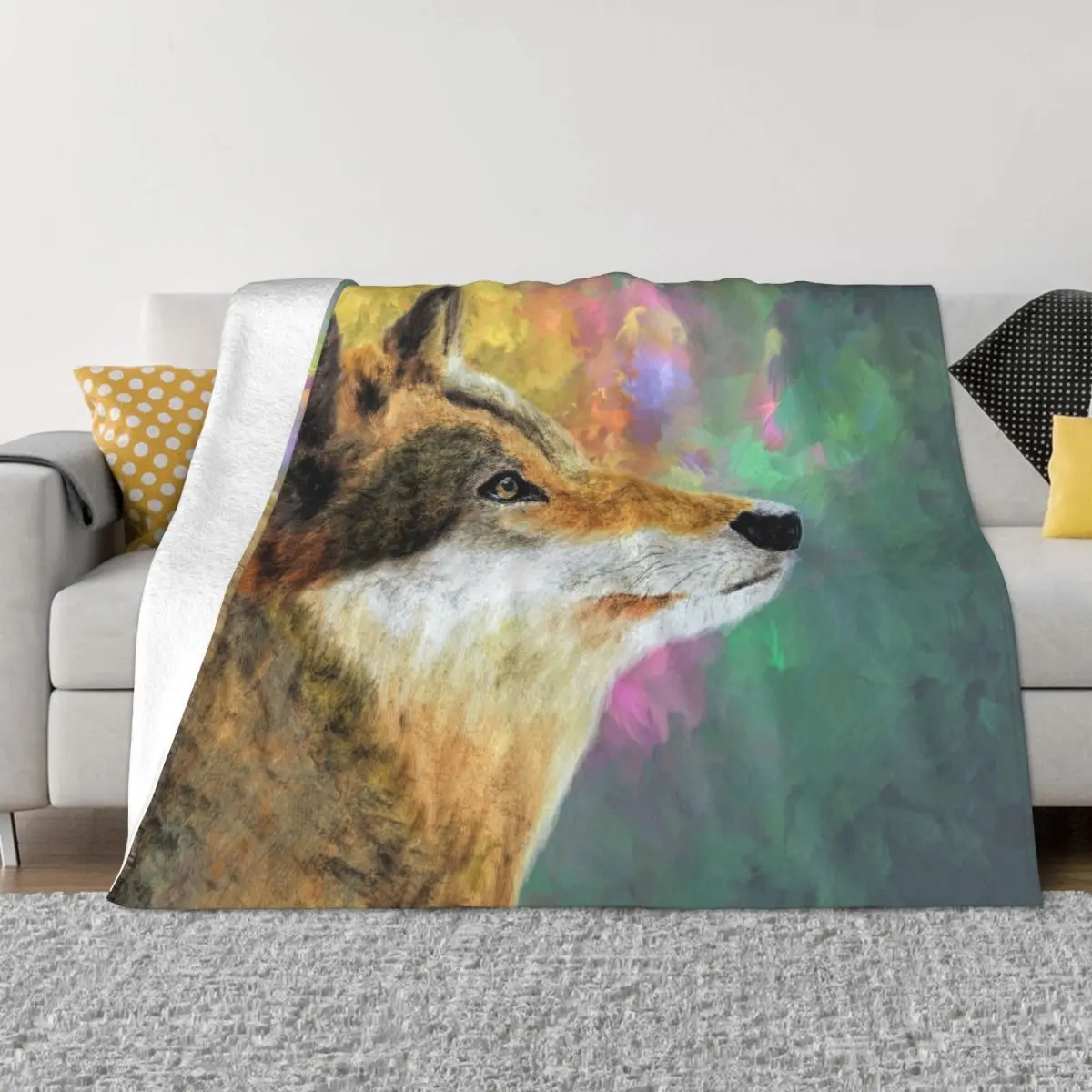 Animal Arts Blanket Flannel Decoration Abstract Wolf Painting Portable Home Bedspread